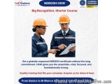 The image is an advertisement for a NEBOSH HSW Big Recognition, Shorter Course. It features two people wearing orange hard ha...