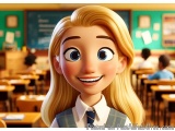 The image is a digital illustration of a young girl with blonde hair and blue eyes. She is standing in a classroom with desks...
