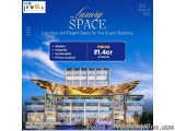 The image is an advertisement for a luxury space for a business. The background of the image is a night sky with a cityscape...