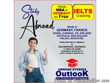 The image is an advertisement for a study abroad program offered by IELTS coaching. The background of the image is white, and...