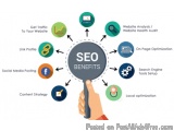The image is an infographic that explains the benefits of SEO (Search Engine Optimization) for a website. It has a hand holdi...