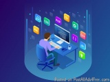 The image is an isometric illustration of a man sitting at a desk in front of a computer. He is wearing a purple shirt and bl...