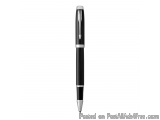 The image is of a black ballpoint pen with a silver tip. The pen has a sleek and modern design with a curved body and a point...