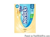 The image is of a pack of Horlicks Lite Badam flavour milk powder. The pack is rectangular in shape and has a yellow backgrou...