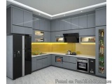 The image shows a modern kitchen with a modern design. The kitchen has a large island in the center with a sink and a gas sto...