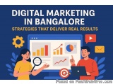 The image is an illustration that represents digital marketing in Bangalore, India. It shows a man and a woman standing in fr...
