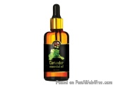 The image is of a dropper bottle of Coriander essential oil. The bottle is made of glass and has a black label with a gold-co...