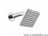 The image shows a modern showerhead attached to a wall. The showerhead is square in shape and has a silver finish. It has mul...