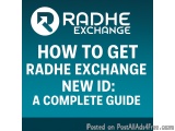 The image is a graphic design with a blue background and white text. The text reads "How to get RADHE EXCHANGE NEW ID: A COMP...