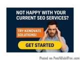 The image is a graphic design with a blue background and white text. The text reads "Not happy with your current SEO services...