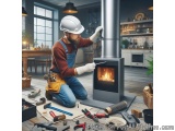 In this image, we can see a man wearing a white hard hat and overalls, kneeling on the floor in front of a wood burning stove...