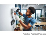 In this image, we can see a young man wearing a blue t-shirt and overalls, working on a security camera mounted on a white wa...