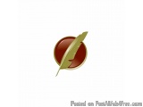 The image is a logo or icon of a feather quill pen. It is a circular shape with a red background and a gold-colored feather i...