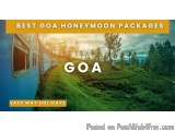 The image shows a beautiful landscape of Goa, India. The sky is blue and the sun is shining, creating a warm glow over the sc...