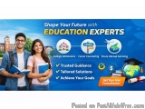 The image is an advertisement for a company called Education Experts. It has a blue background with a photo of a young couple...