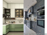 The image is a side-by-side comparison of a modern kitchen. On the left side, there is a kitchen with a large island in the c...