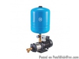 The image shows a blue-colored water pump with a cylindrical tank on top. The tank has a logo on the front and appears to be...
