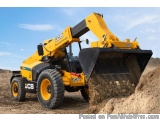 The image shows a yellow JCB skid steer loader on a construction site. The loader has a long arm with a bucket attached to it...