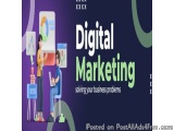 The image is an advertisement for digital marketing. It has a purple background with the words "Digital Marketing" in large w...