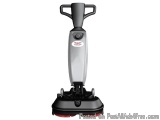 The image shows a floor scrubber machine. It is a modern and sleek design with a silver body and black handle. The body of th...