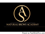 The image is a logo for a company called "Natural Brows Academy". The logo is a black square with a gold letter "A" in the ce...