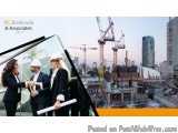 The image is a collage of two photographs. On the left side, there is a photo of a construction site with several cranes and...