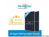 The image shows a 5-star rating of a new N-Type TopCon Solar Panel from RenewSys. The panel is 156x156x635-650 Wp and has a b...