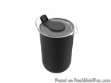 The image is of a black travel mug with a lid. The mug is cylindrical in shape and has a handle on top for easy carrying. The...