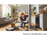 The image shows a man wearing a hard hat and overalls, kneeling on the floor in a kitchen. He is holding a toolbox with vario...