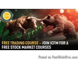 The image is an advertisement for a free trading course called ICFM for a stock market course. It features two animals, a bul...
