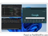 The image shows a laptop screen with a blue background and a black and white image of a wave-like design. On the left side of...