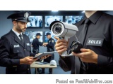 The image shows a police officer in uniform holding a security camera. The officer is wearing a black uniform with the word "...