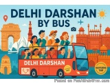 The image is an illustration of a red double-decker bus with the words "Delhi Darshan by Bus" written on the side. The bus is...