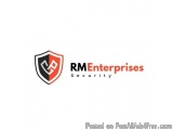 The image is a logo for RM Enterprises Security. It is a shield-shaped logo with a red and black color scheme. The shield is...