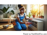 In this image, we can see a young woman wearing blue overalls and safety goggles, kneeling on the floor in front of an air co...