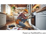 The image shows a young woman wearing a yellow hard hat and overalls, kneeling on the floor in a kitchen. She is wearing a pl...