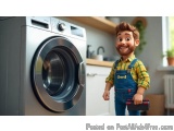 The image shows a cartoon character of a man standing in front of a washing machine. The man is wearing a yellow plaid shirt...