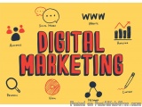 The image is a graphic design that represents the concept of digital marketing. It has a yellow background with the words "Di...