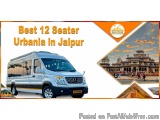 The image is an advertisement for the best 12 Seater Urbana in Jaipur, India. The background of the image is orange and white...