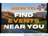 The image is a graphic design with a blue sky and mountains in the background. The text "How to: Find Events Near You" is wri...