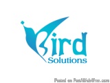 The image is a logo for a company called "Bird Solutions". The logo is written in a modern, sans-serif font and is in a light...