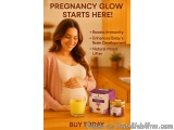 The image is an advertisement for a pregnancy glow product called "Pregnancy Glow Starts Here!" The background of the image i...