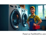 The image shows a young man wearing a yellow cap and blue overalls, standing in front of a washing machine in a laundry room....