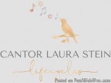 The image is a logo for Cantor Laura Stein's Lifecycle. It has a white background with a gold-colored bird perched on a branc...