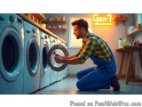 The image shows a young man in a laundry room, kneeling on the floor in front of a row of washing machines. He is wearing a b...