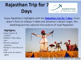 The image is a promotional poster for a Rajasthan trip for 7 days. The poster has a blue background with white text. The titl...