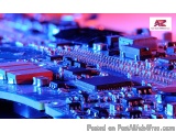 The image is a close-up of a computer motherboard with various electronic components. The motherboard is made up of multiple...