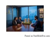 The image shows a group of three people sitting around a wooden conference table in a meeting room. The room has a large wind...