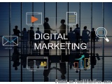 The image is a digital marketing concept. It shows a group of people sitting around a table in a conference room, with a larg...