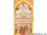 The image is a wedding invitation card for a wedding ceremony. The background of the card is a light orange color with an orn...